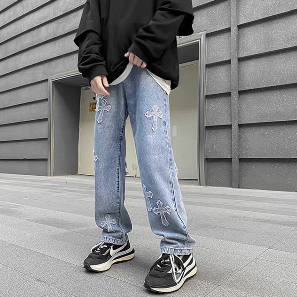 Quần jeans baggy nam nữ thêu thánh giá quần baggy ống suông thêu chữ thập dáng hàn quốc unisex - Ginstore 003