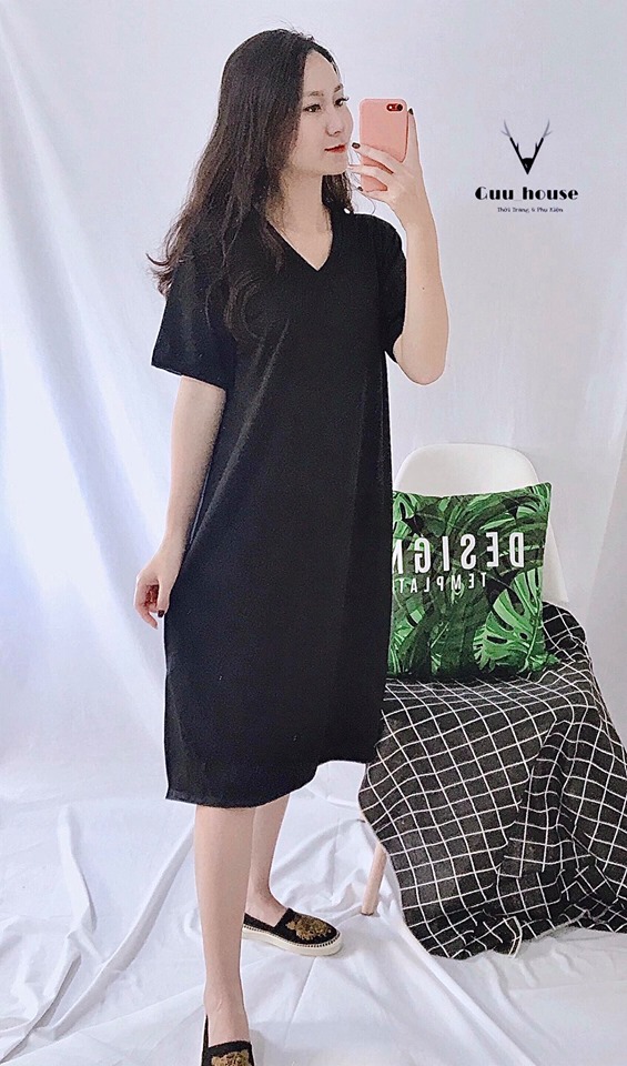 Đầm suông trơn cổ tim basic form rộng chất vải mềm mịn dưới 65kg