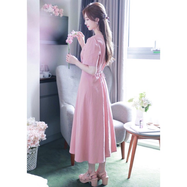 Đầm hồng nút bọc form dài