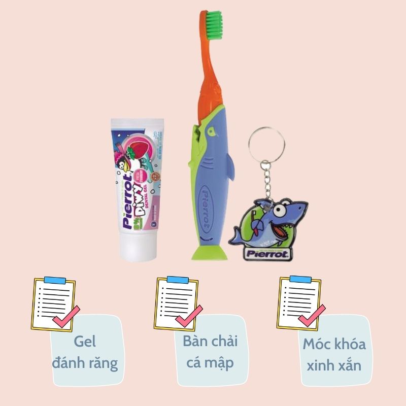 Set Bàn chải đánh răng trẻ em Pierrot SHARKY kèm túi nhựa