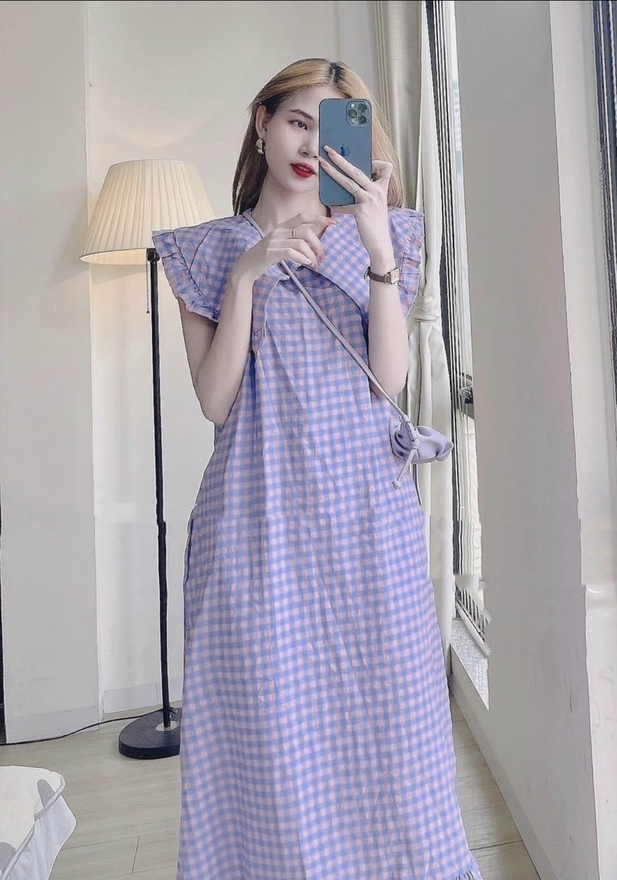 Váy bầu mùa hè - đầm bầu suông phối cổ bèo trắng chất đũi xước B7