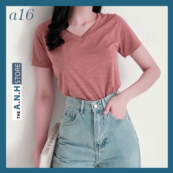 Áo thun xược cổ tim cổ V nữ, tay ngắn , phom suông nhẹ basic, thun giấy cổ tim nữ phong cách Hàn Quốc