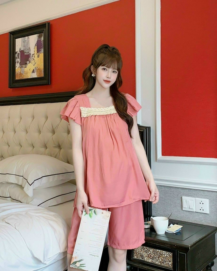 Bộ đồ bầu mặc nhà hè thu đũi hoa chất mát có khóa sau sinh thiết kế
