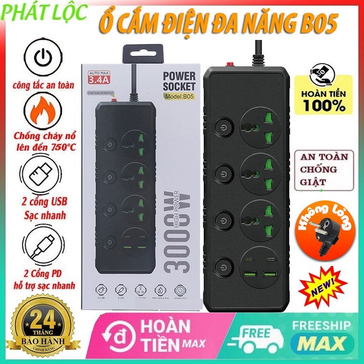 [Hàng Chính Hãng] Ổ Điện Đa Năng Thông Minh Chống Giật B05, Ổ Cắm Điện Chịu Tải Với 3 Cổng AC 220V, 2 Cổng Sạc USB Và Type C, Ổ Cắm Điện Chiều Dài Dây 2m An Toàn Cho Gia Đình