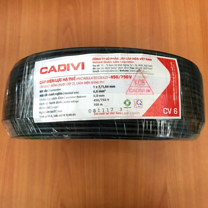 [HCM]DÂY ĐIỆN CADIVI CV 6.0 DÂY ĐƠN CUỘN 100 MÉT