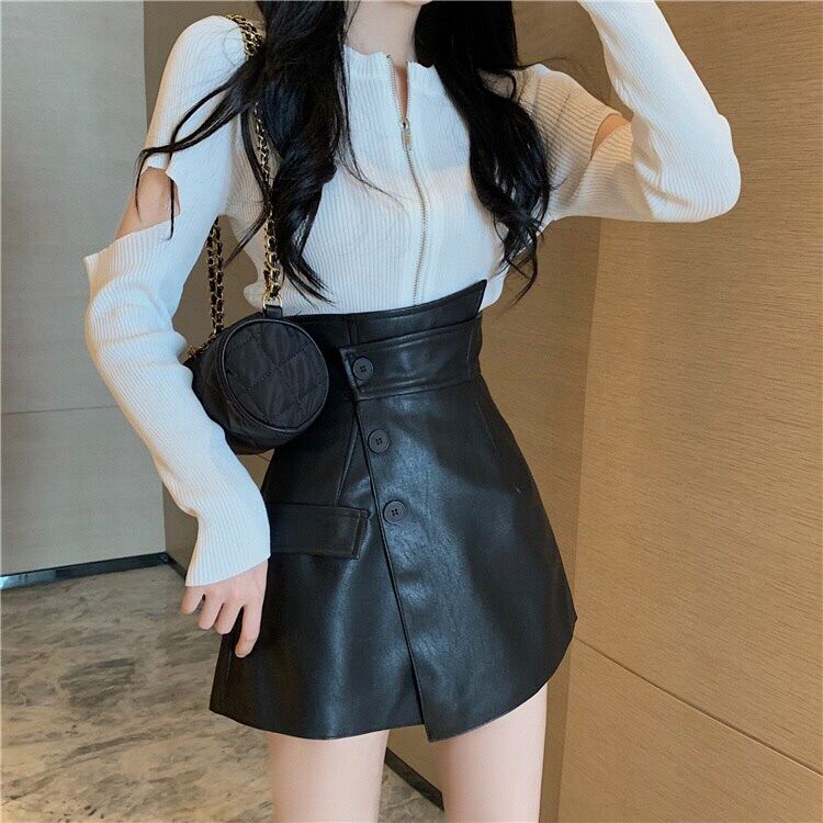 CHÂN VÁY DA CẠP CAO CHÉO LƯNG GIẢ QUẦN DA