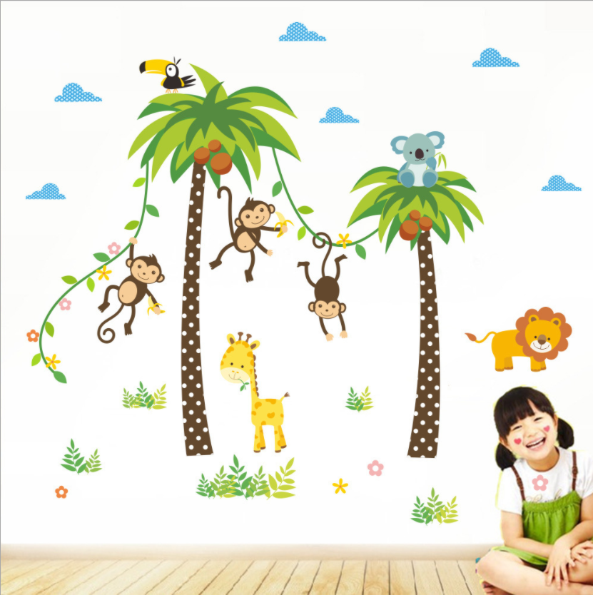 [HCM]Decal trang trí tường - 2 Cây Dừa và đàn thú tinh nghịch