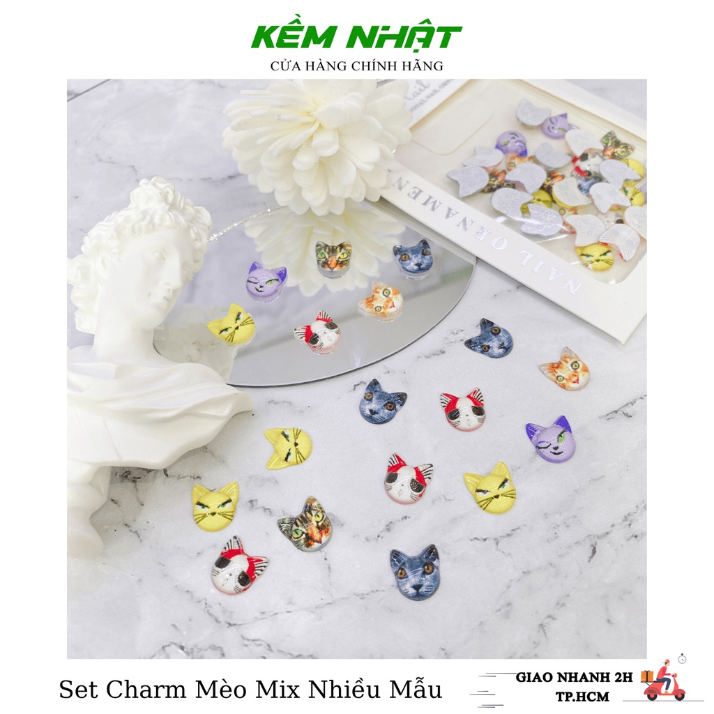 Set charm mèo mix nhiều mẫu đính móng