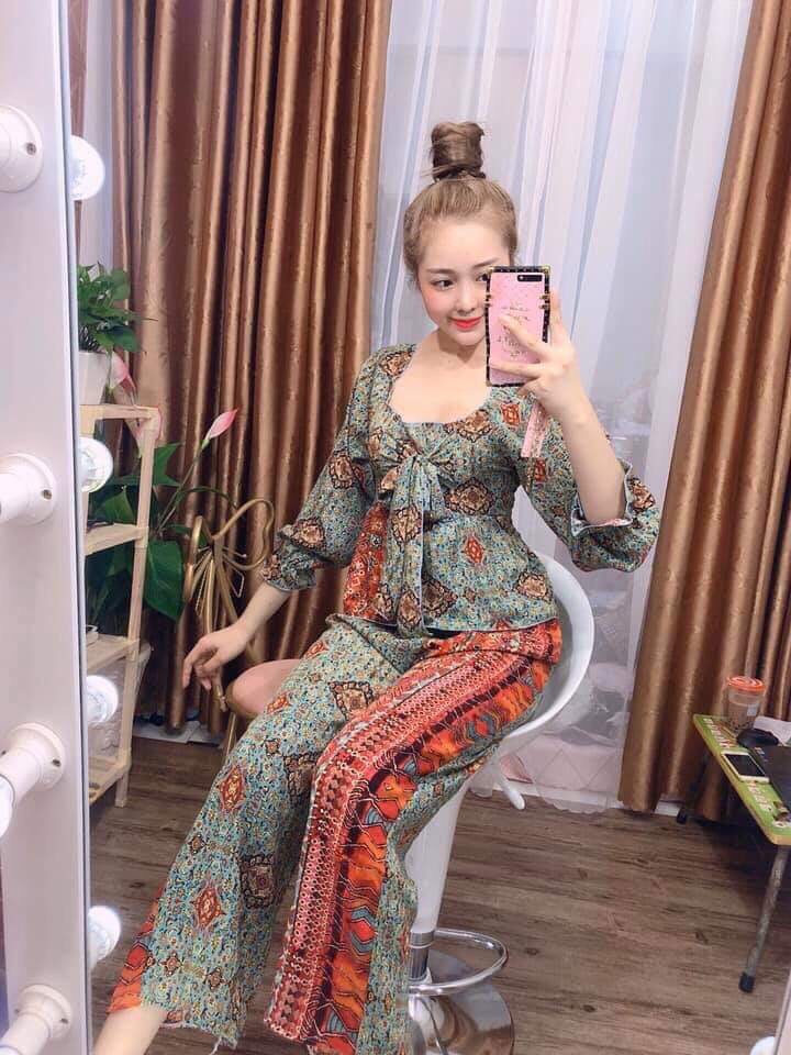 [HCM]Set bộ nữ thổ cẩm quần dài ống rộng áo tay dài nơ cổ vuông