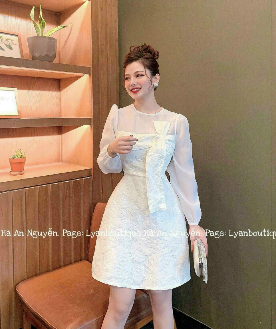 Đầm xòe tay dài thắt nơ-QH#damnu