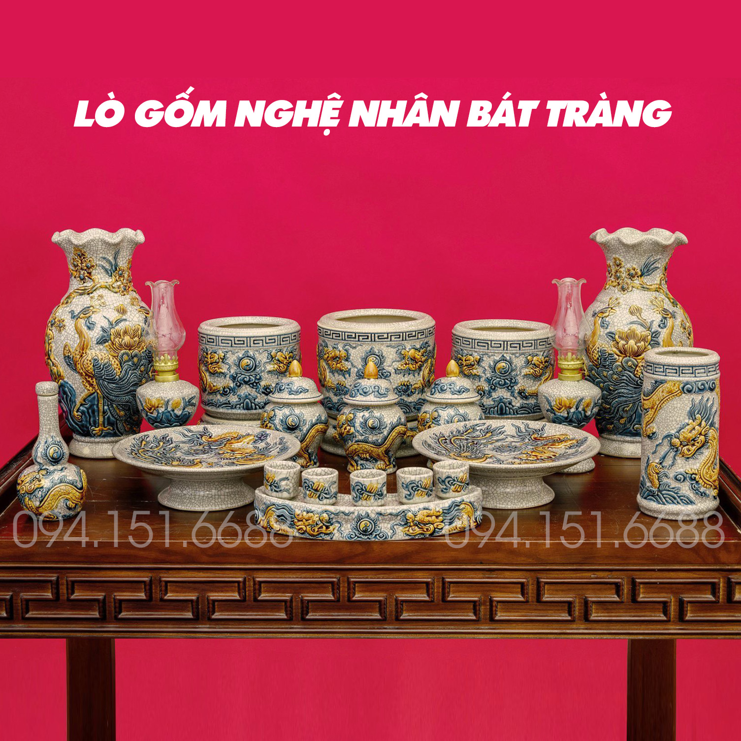 Đồ thờ cúng cao cấp - đồ thờ men rạn đắp nổi nghệ nhân bát tràng chế tác