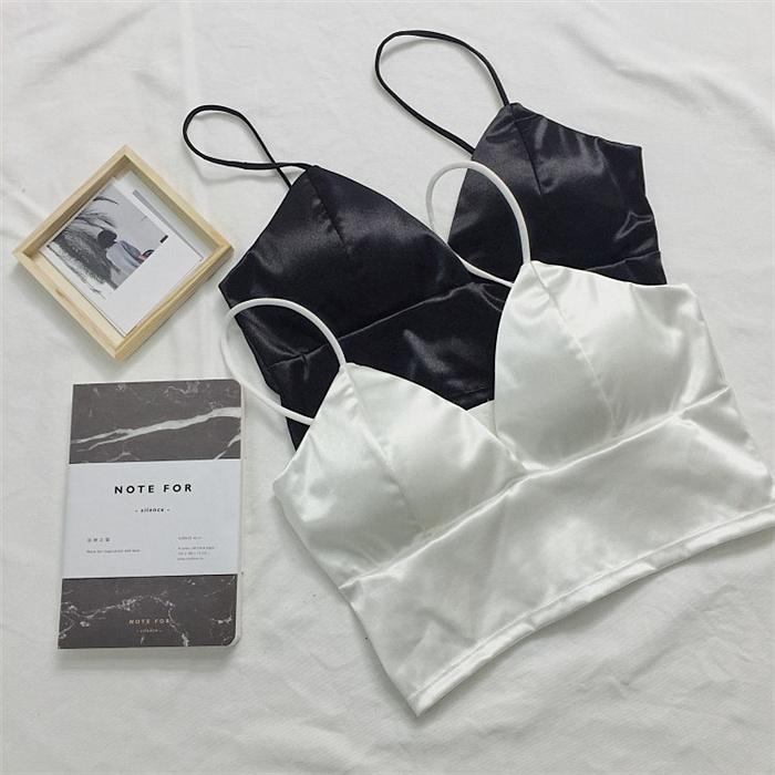 [HCM]Áo croptop hai dây cúp ngực đen vải phi bóng