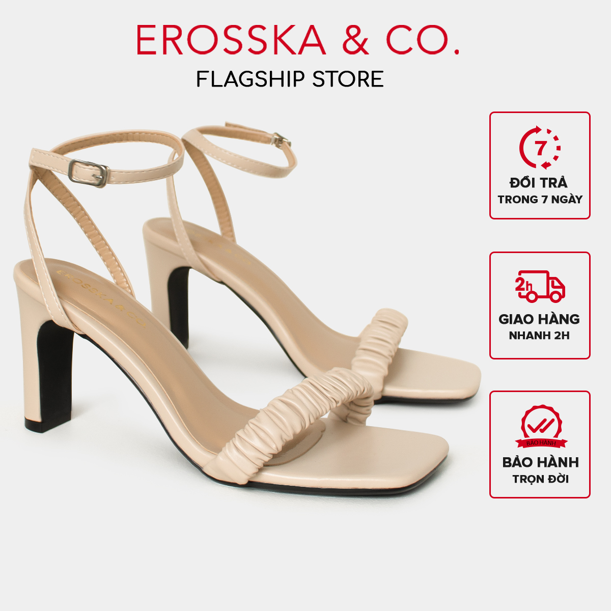Erosska - Giày sandal cao gót nữ mũi vuông quai nhún cao 8cm màu nude - EB044