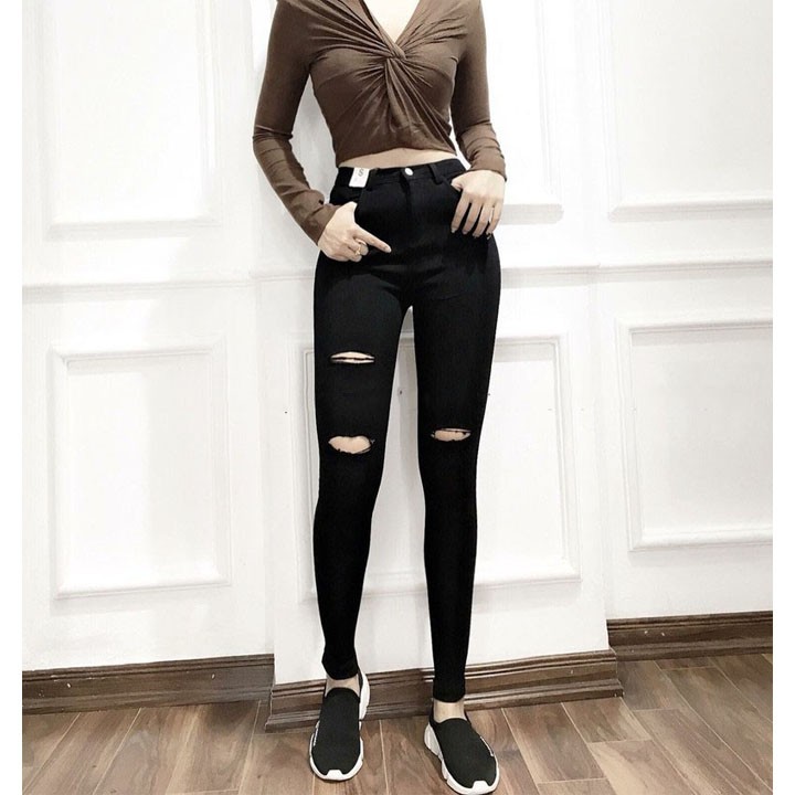 Quần jean nữ lưng cao RÁCH GỐI ĐEN BÊN 2 BÊN 1 chất giãn siêu đẹp RG-1-11