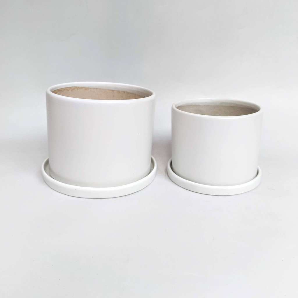 Chậu Sứ Trồng Cây Hình Trụ Trơn Kèm Đĩa Hứng Nước, Men Lạnh, Nhiều Màu Sắc