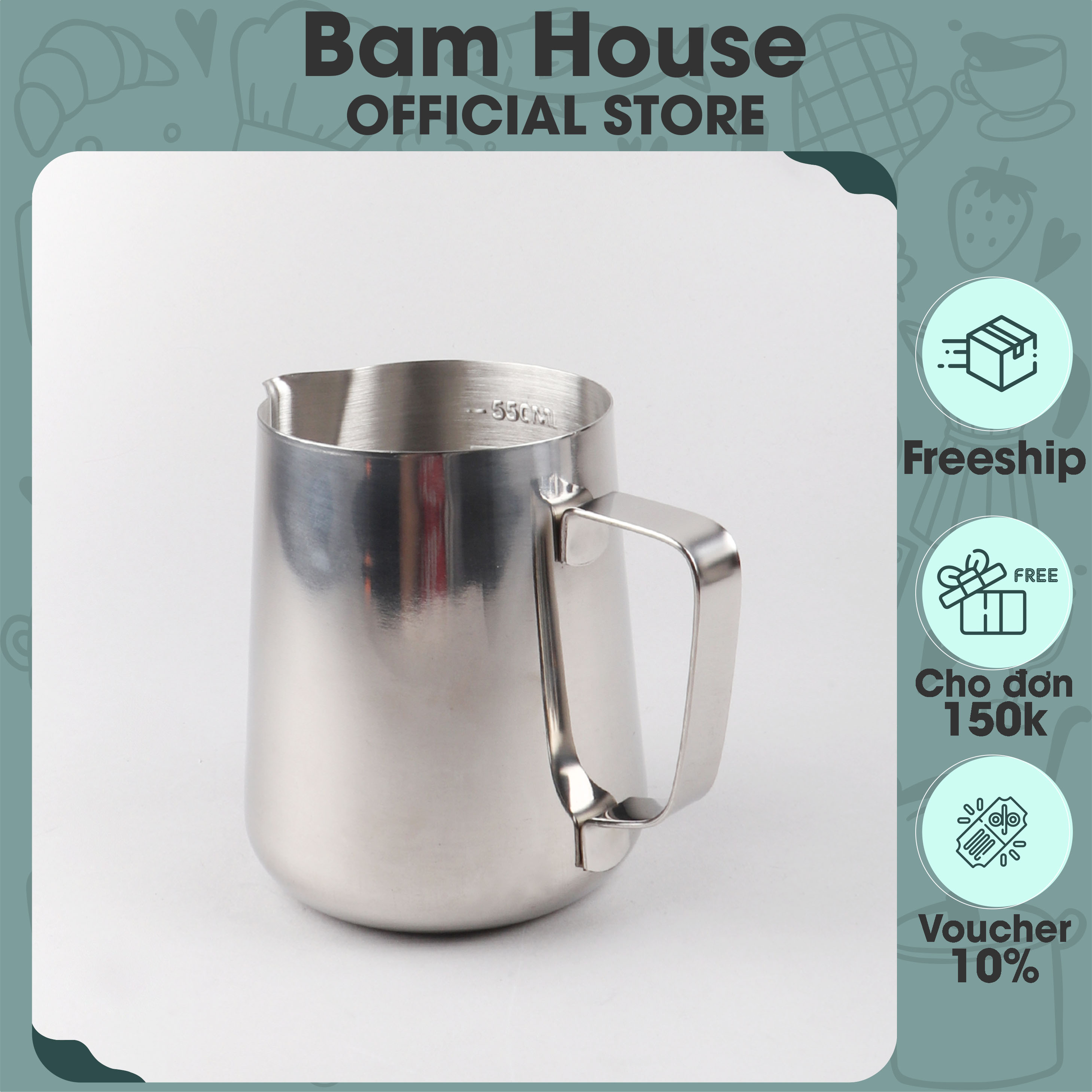 Ca đánh sữa inox 304 Bam House dung tích 600ml cao cấp CS01 Bam House