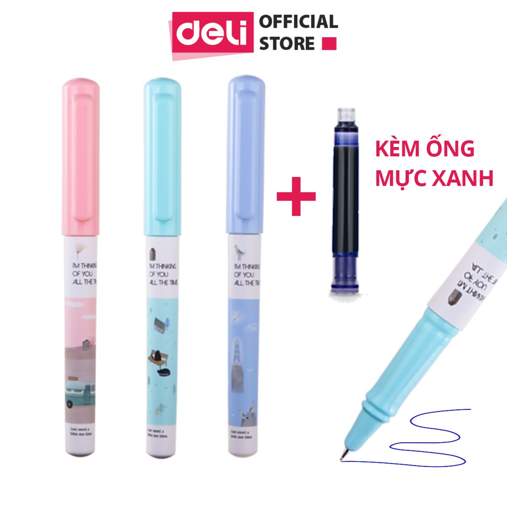 Bút máy học sinh luyện viết chữ đẹp có bán kèm ống mực Deli - Họa tiết đáng yêu - Màu Hồng/Xanh dương/Xanh lá- A919