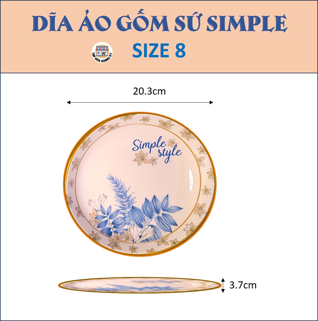 Dĩa tròn gốm sứ hoa văn SIMPLE (cỡ 8)