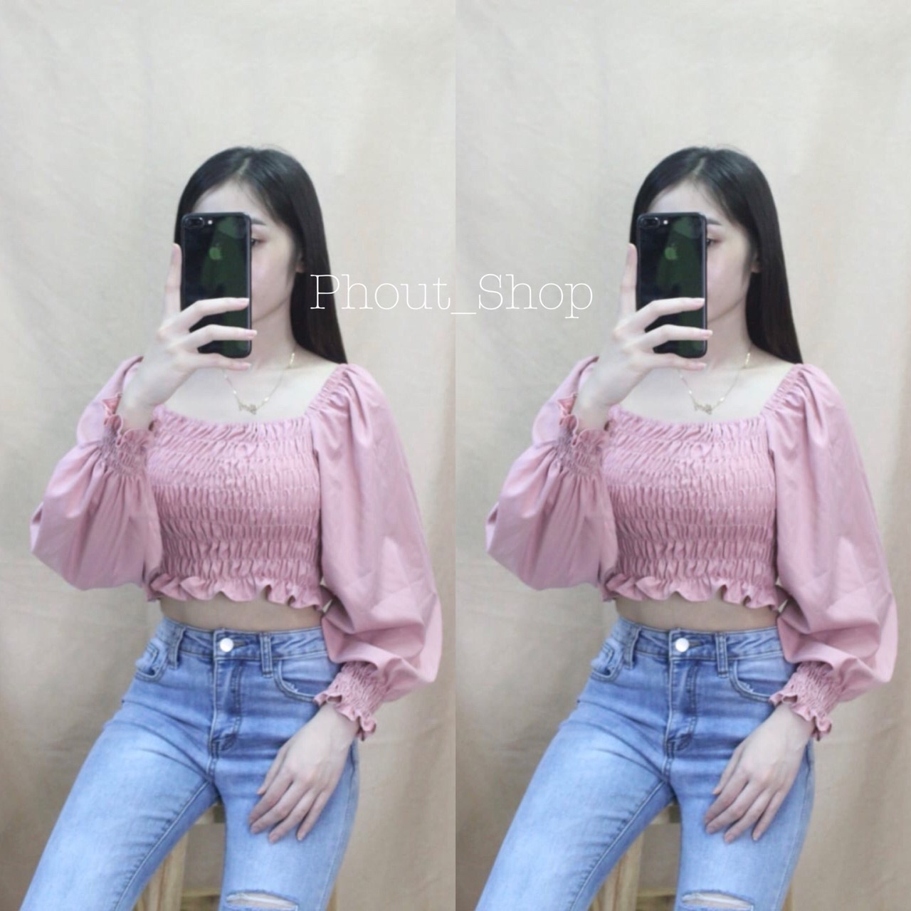 Áo voan croptop cổ vuông nhún thân tay dài bo tay dễ thương TTSLA0024