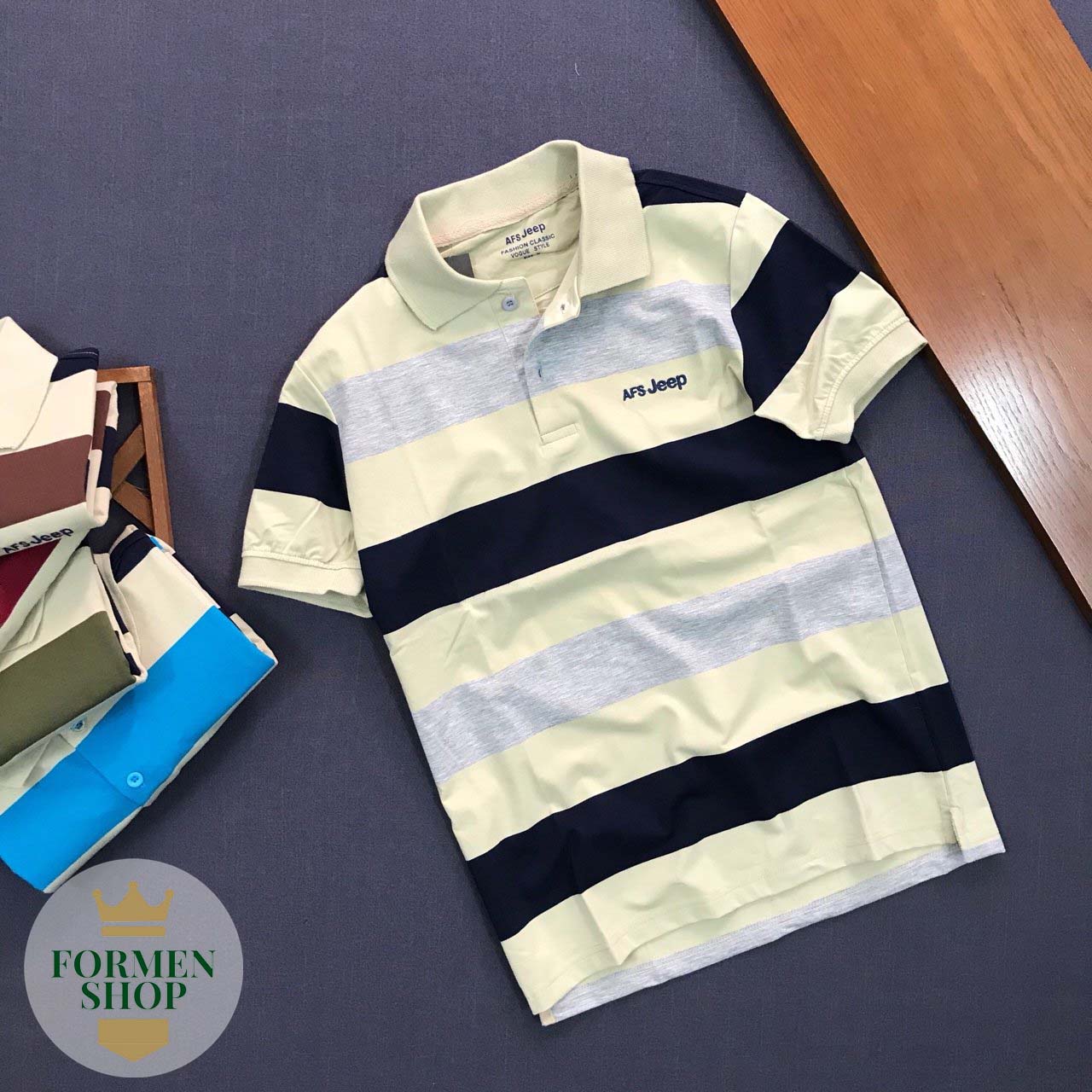 [ảnh thật] ÁO THUN NAM CỔ BẺ SỌC CHỮ JEEP VẢI COTTON MỊN - FORMEN SHOP - FMPS024