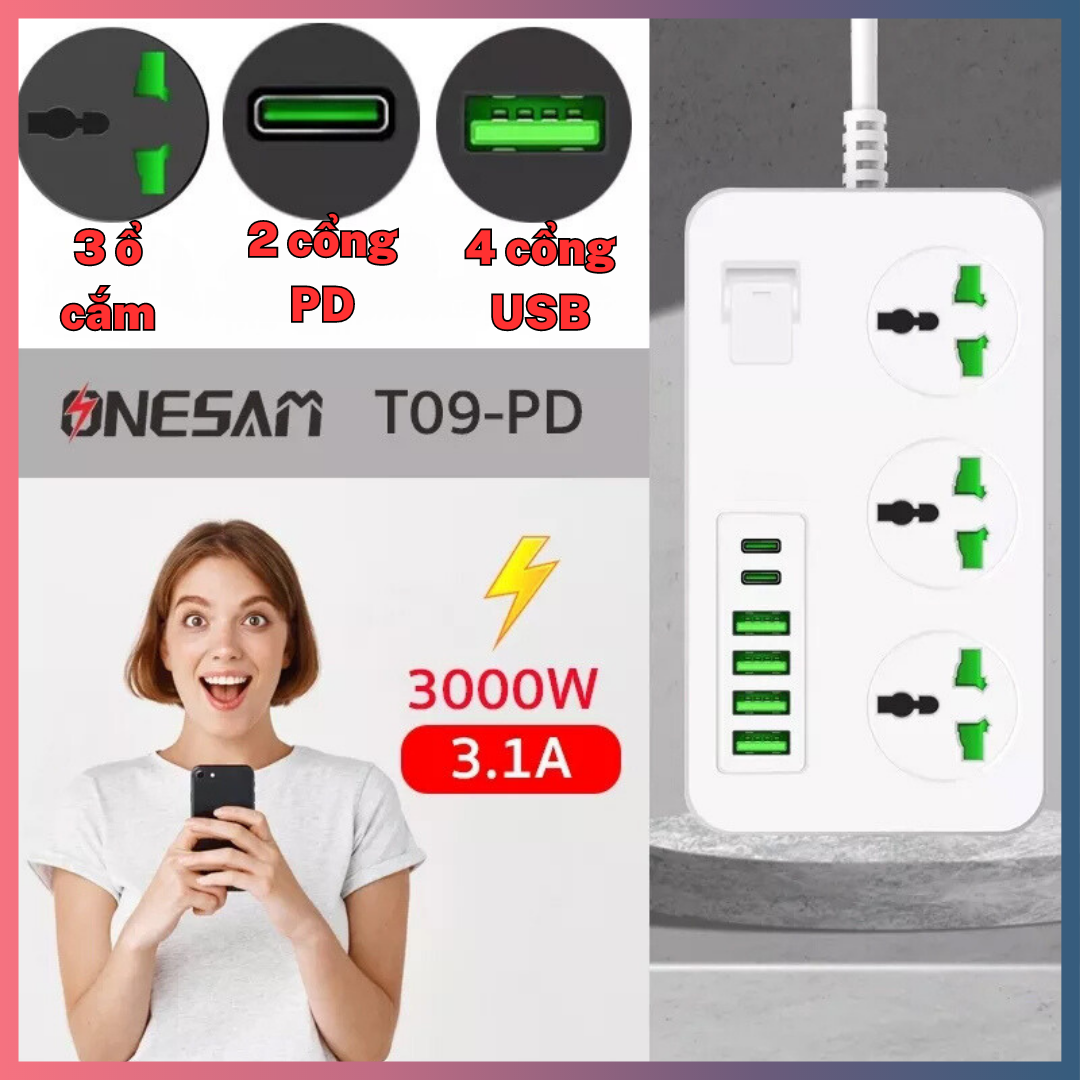 Ổ Cắm Điện Thông Minh Type C Đa Năng T09 - PD Công Suất Lên Tới 3000W Với Dây Dài 2m ,Đảm Bảo An Toàn Chống Cháy Nổ