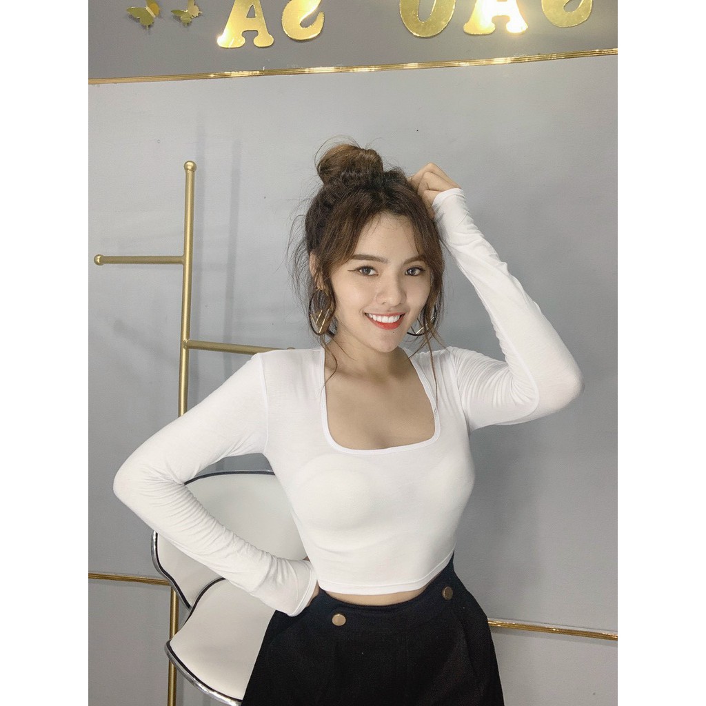 Áo thun lụa dài tay cổ vuông rộng siêu hot sang chảnh dáng croptop xinh khoe dáng