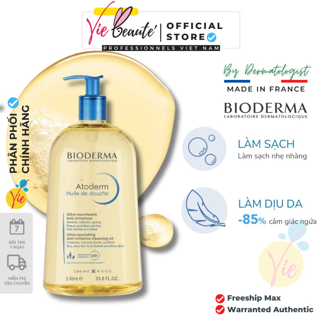 Dầu Tắm Bioderma Atoderm Huile De Douche giúp làm sạch, làm dịu và dưỡng ẩm dành cho da khô, da nhạy cảm 1L