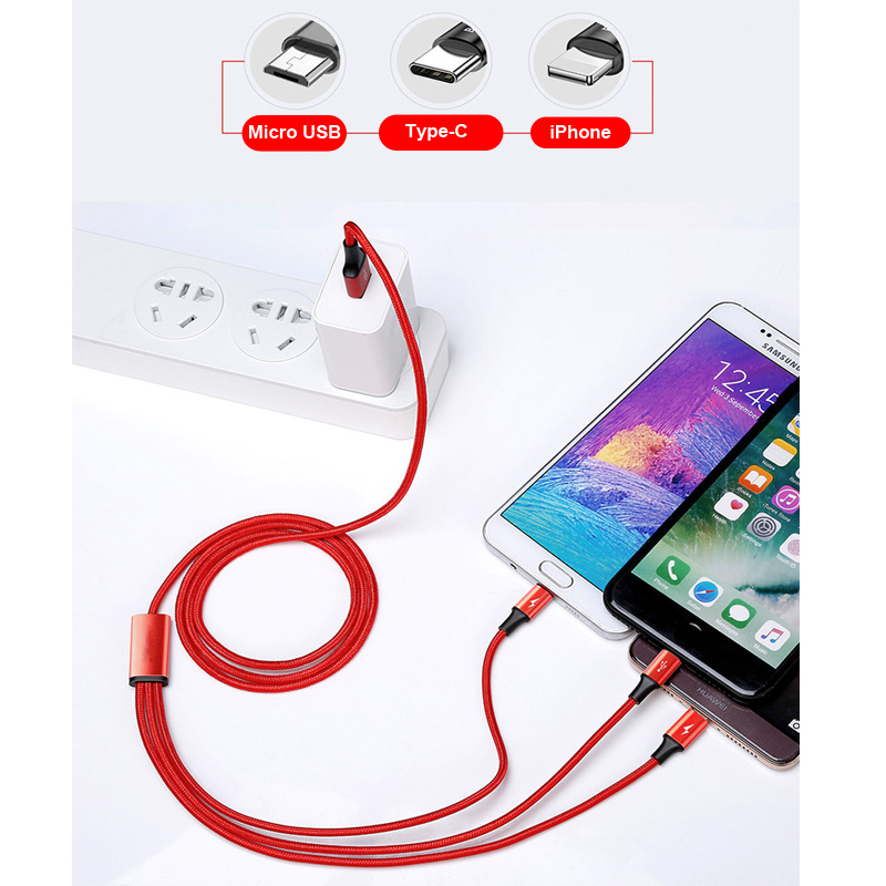 Cáp Sạc 3 đầu NHÔM dây dù Táo Android TypeC (V9)