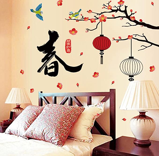 [HCM]DECAL DÁN TƯỜNG TẾT CÀNH ĐÀO TREO ĐÈN LỒNG TRẮNG ĐỎ