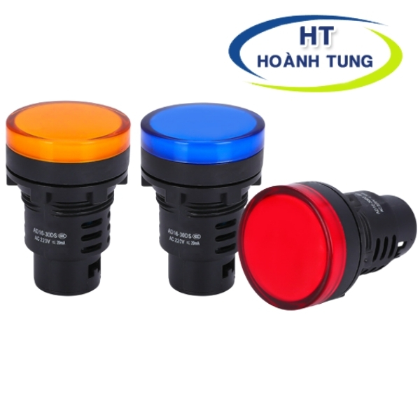 Đèn led AD16-30DS báo pha phi 30mm điện áp 220VAC 3 màu đỏ, xanh lá, màu vàng