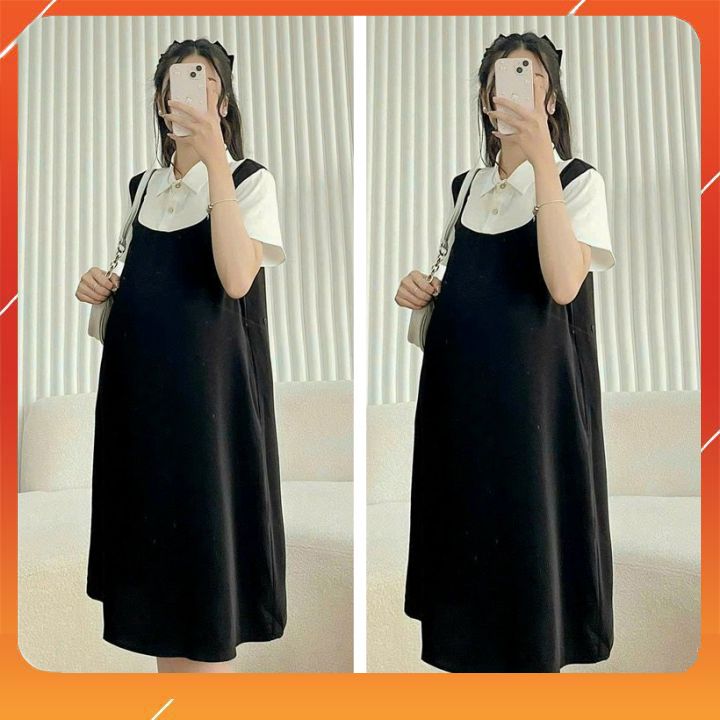 Váy bầu cồng sở mùa hè xinh-đầm bầu l đen pha cổ sơ mi trắng