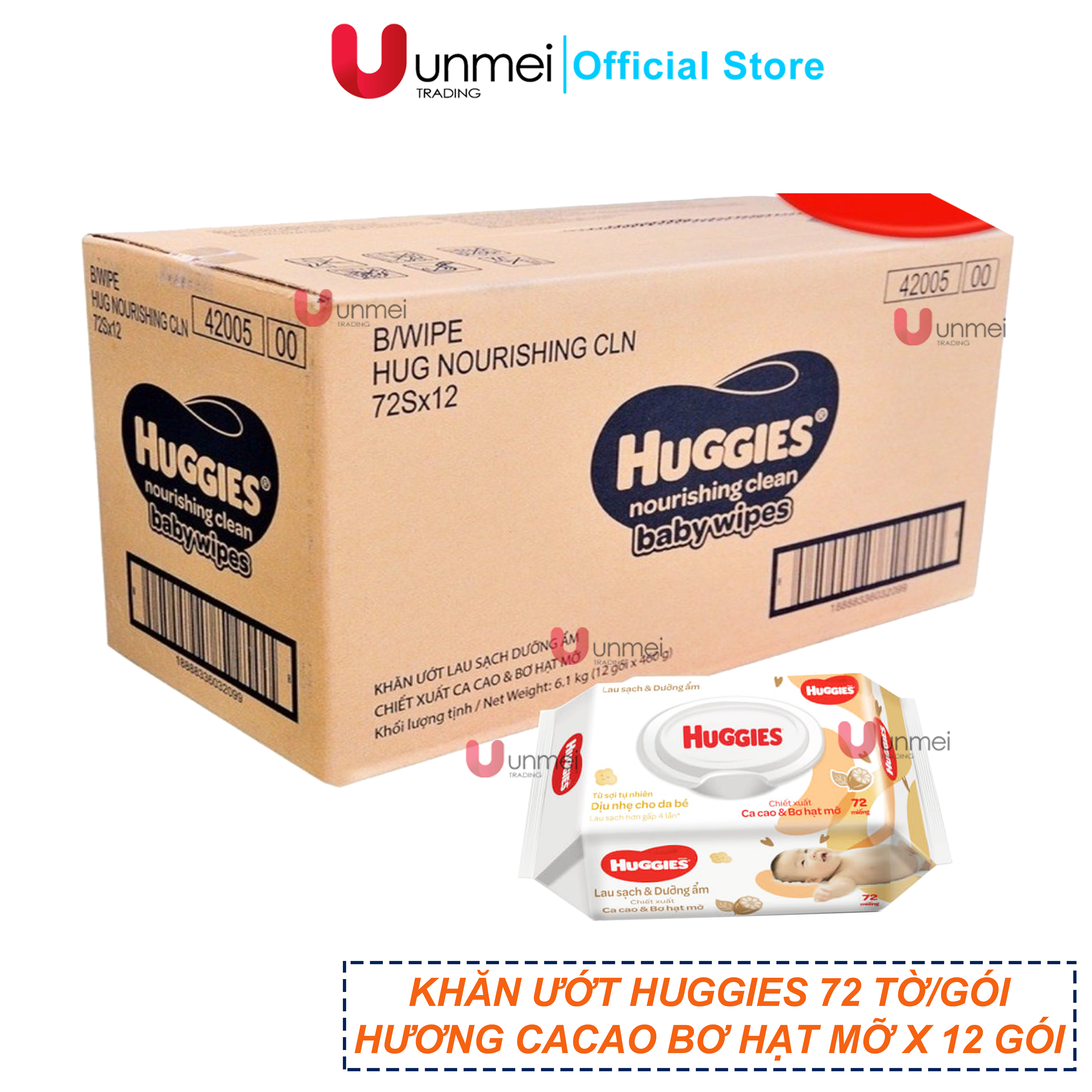 Thùng 12 gói Khăn ướt Huggies chiết xuất Cao cao và Bơ hạt mỡ :