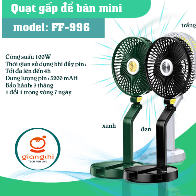 Quạt Mini Cầm Tay Sạc Pin Gấp Gọn thế hệ mới 2021 FF-996 Để Bàn Có 3 Tốc Độ Gió Làm Mát, Cổng USB, Xoay 180 Độ 5.0 - GIANG CHI ECOVACSS HOUSE