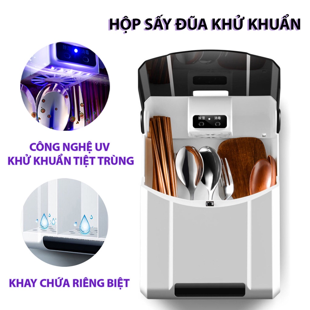 Máy sấy khô đũa muỗng thìa dụng cụ ăn uống tiệt trùng khử khuẩn bằng tia uv treo tường tiện lợi, đèn led xanh sấy khô đồ