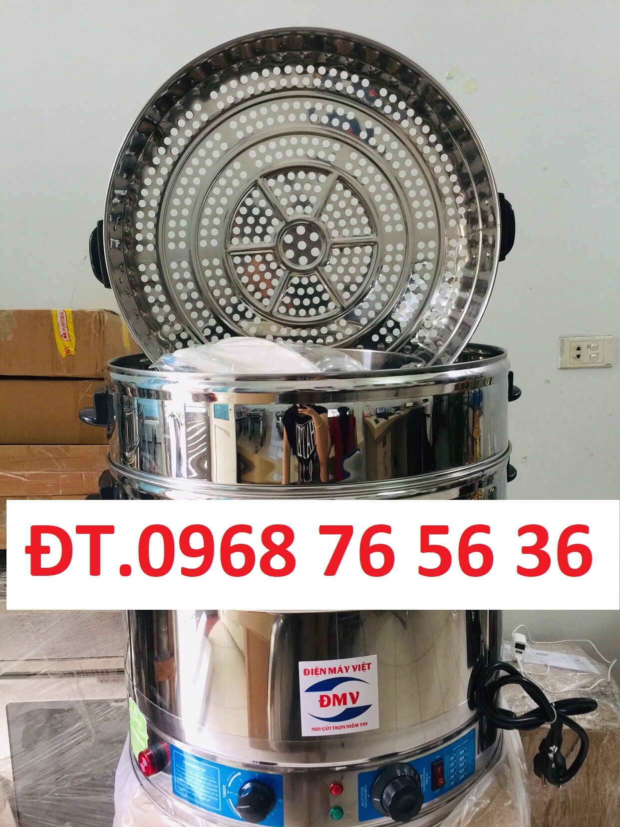 Nồi hấp xôi size 52cm chạy bằng điện, Xửng hấp giò chả có 3 tầng hấp bằng inox cao cấp