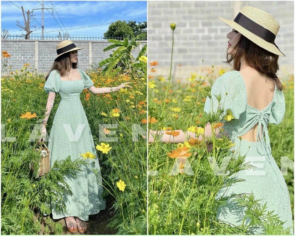 Đầm maxi hở lưng cột nơ , chất liệu xốp chỉ có mút ngực thiết kế chuẩn form dáng xinh , đi chơi , đi biển, đi du lịch