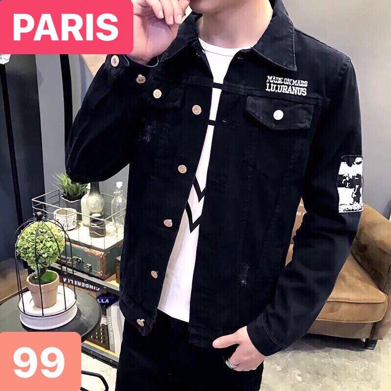 ÁO KHOÁC JEAN NAM CHẤT BÒ ĐEN THÊU TAY FRANCE STYLE CAO CẤP PR-99 PARIS FASHION