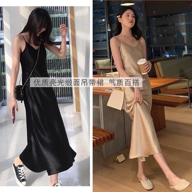 Đầm phi lụa hai dây dáng dài