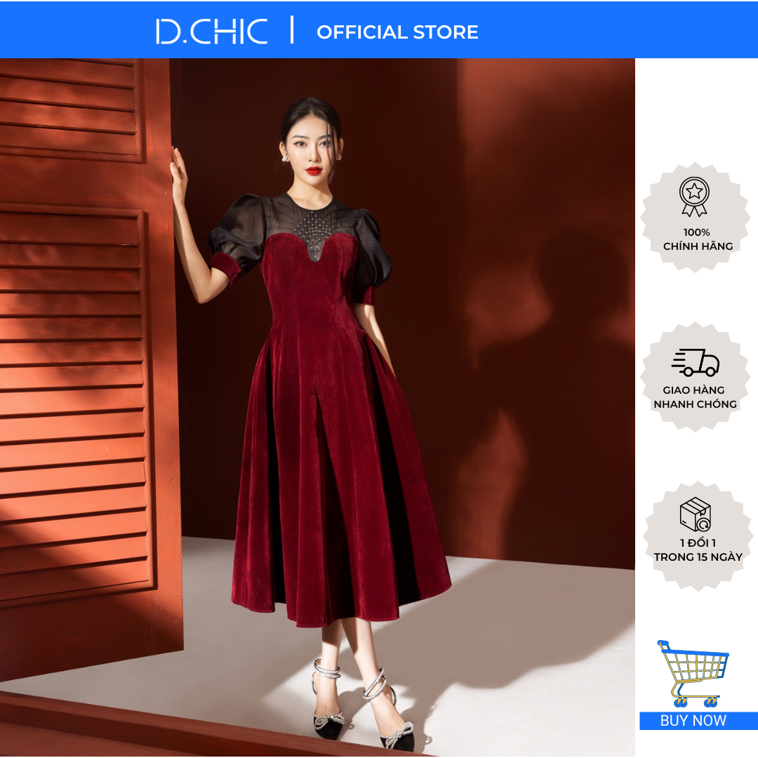 D.CHIC Váy nhung ngực phối tơ trần trám MS: 2813237