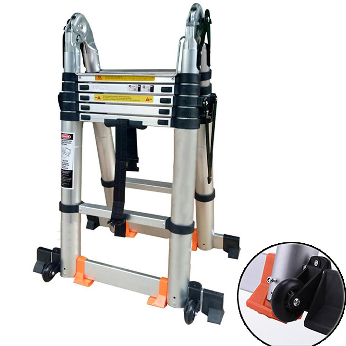 Thang nhôm rút đôi thông minh- Có bánh xe di chuyển- 4.4 m - Hàng tiêu chuẩn Châu Âu