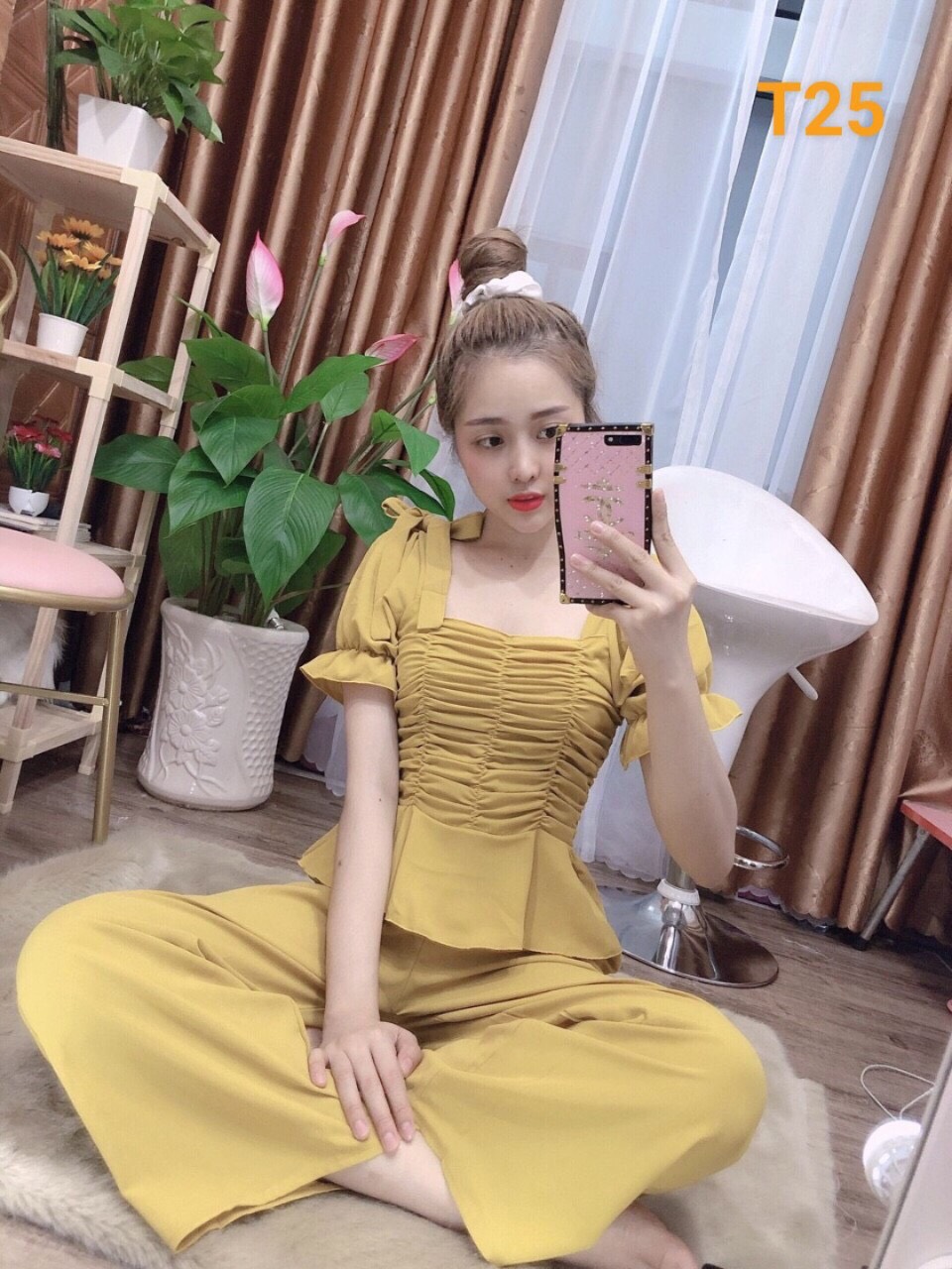 Sét Bộ Voan Dài Hot Trend Thân Nhún Nơ Vai Quần Ống Rộng Dễ Thương TTSA0639