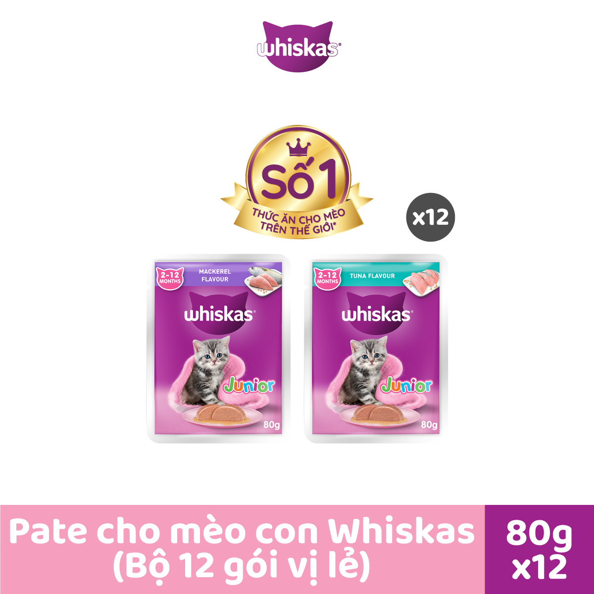 WHISKAS® Thức ăn cho mèo con dạng sốt (pate mèo) 80g (14 gói)