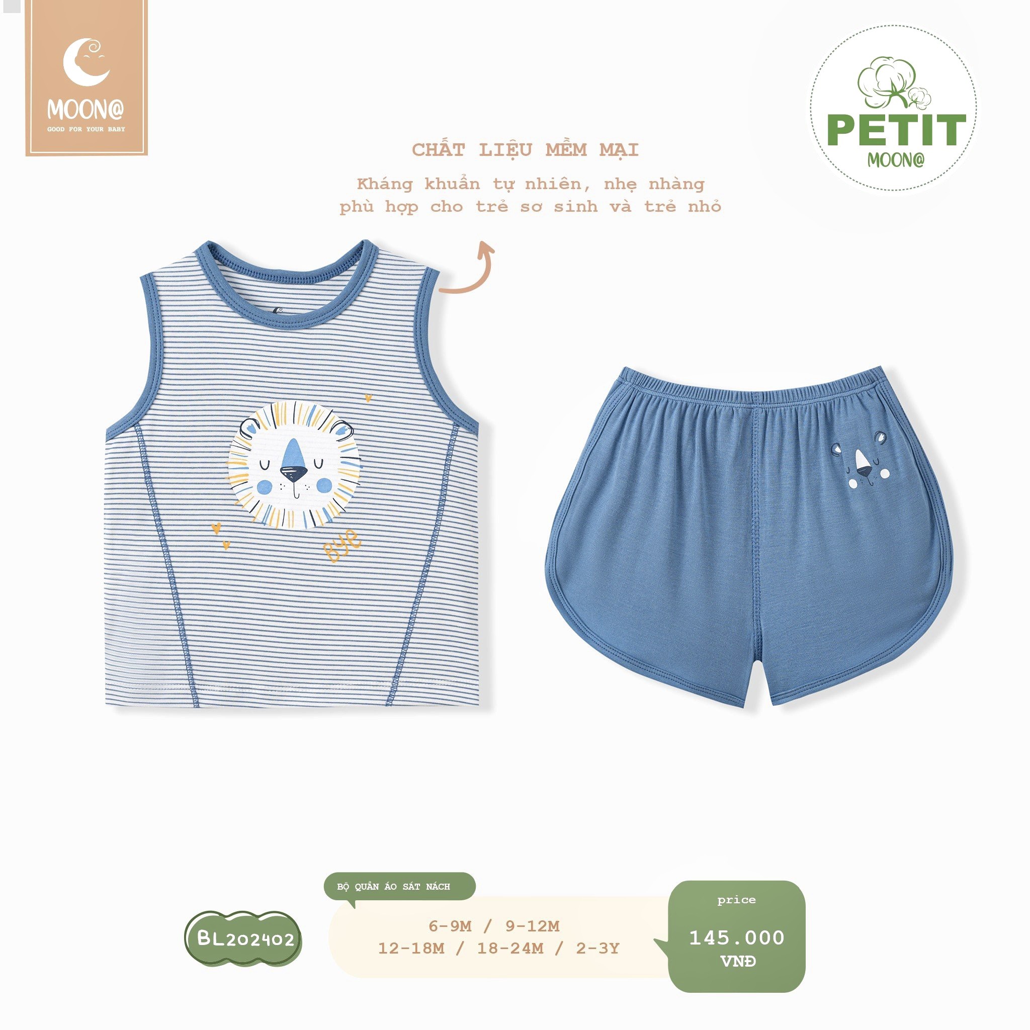 [MOON] Bộ ba lỗ moon chất petit cho bé trai/bé gái