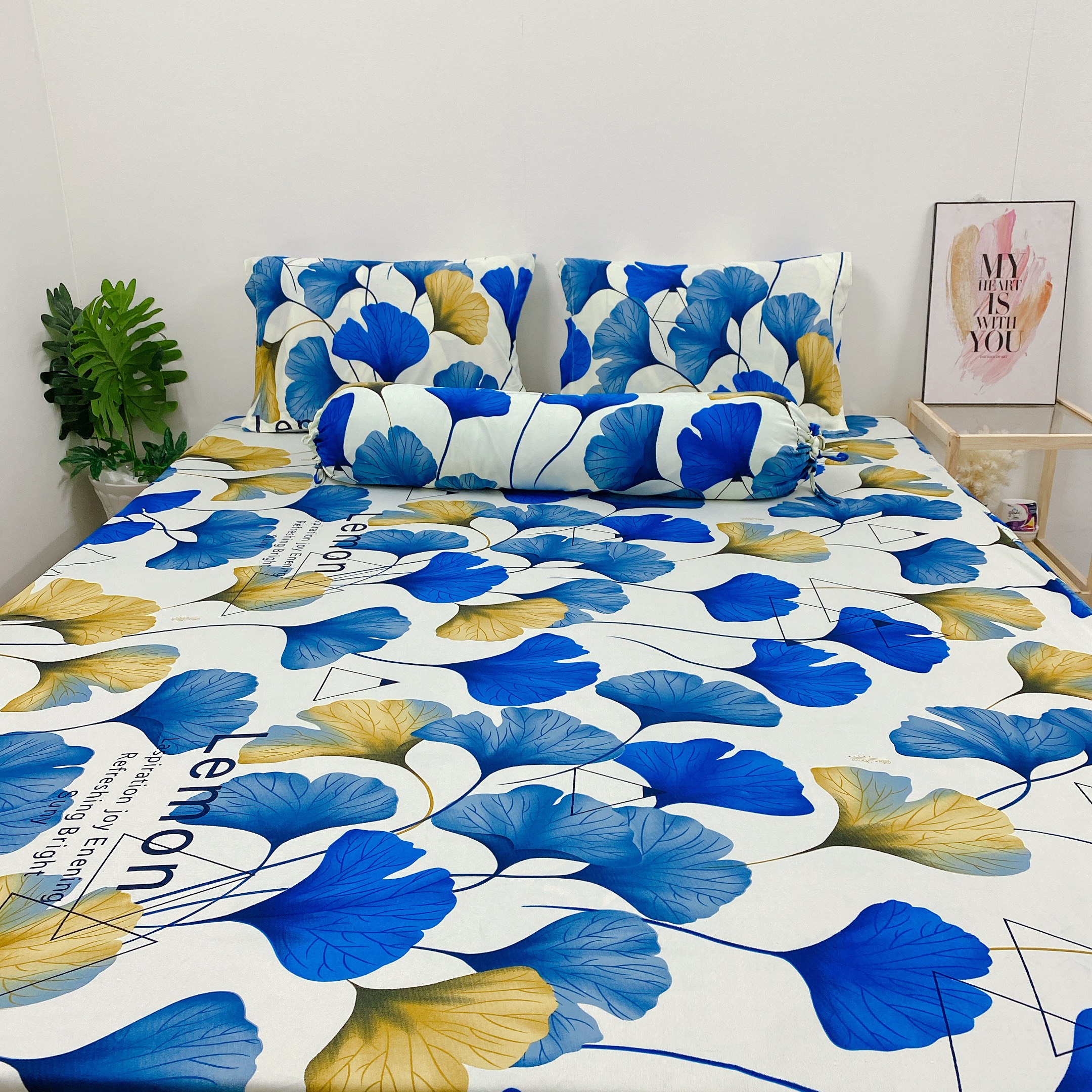 Bộ drap thun Hàn Quốc mẫu lá phối - chăn ga gối Minh Anh