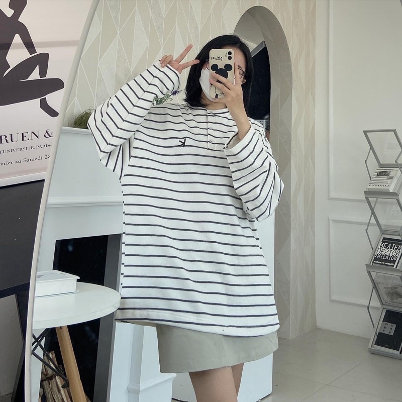 [SW7] KIM- Áo nỉ kẻ trắng đen - Striped Sweater