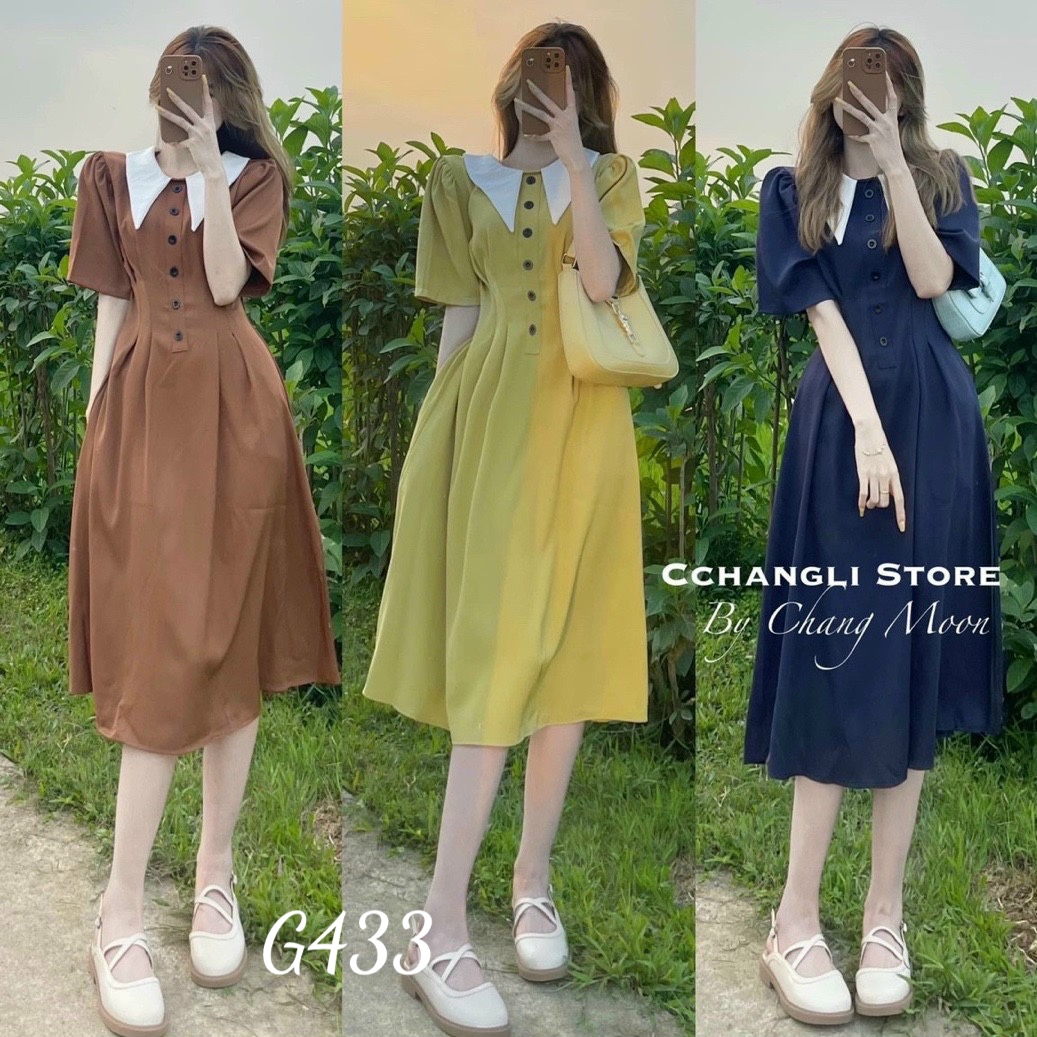 Đầm xoè cổ lá sen eo xếp ly phối nút vải kate G433