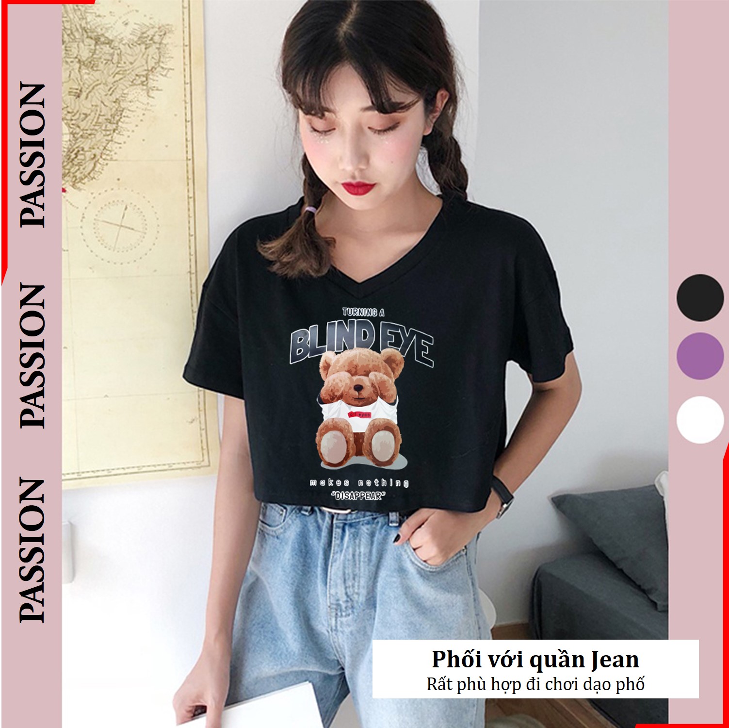 Áo thun croptop form rộng cổ tim in hình con gấu, kiểu dáng Ulzzang, croptop phom rộng cổ chữ V