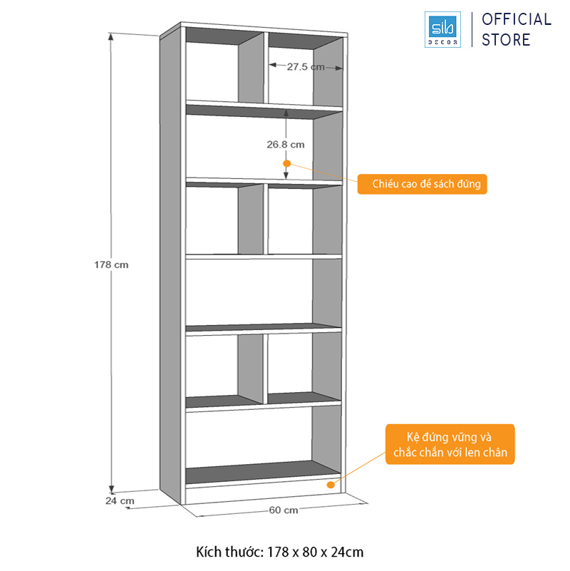 Giá Sách Gỗ Đứng Dài 60cm, Cao 178cm, Rộng 24m Kệ Để Sách Đồ Trang Trí Decor SIB KSG02