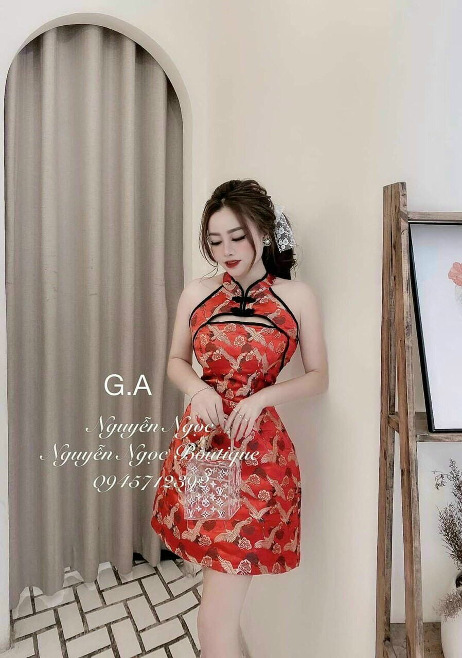 [HCM]Đầm Sườn Xám Kiểu Cổ Yếm Phối Họa Tiết Bát Mắt Kiểu Dáng Mới Bao Hot .QC