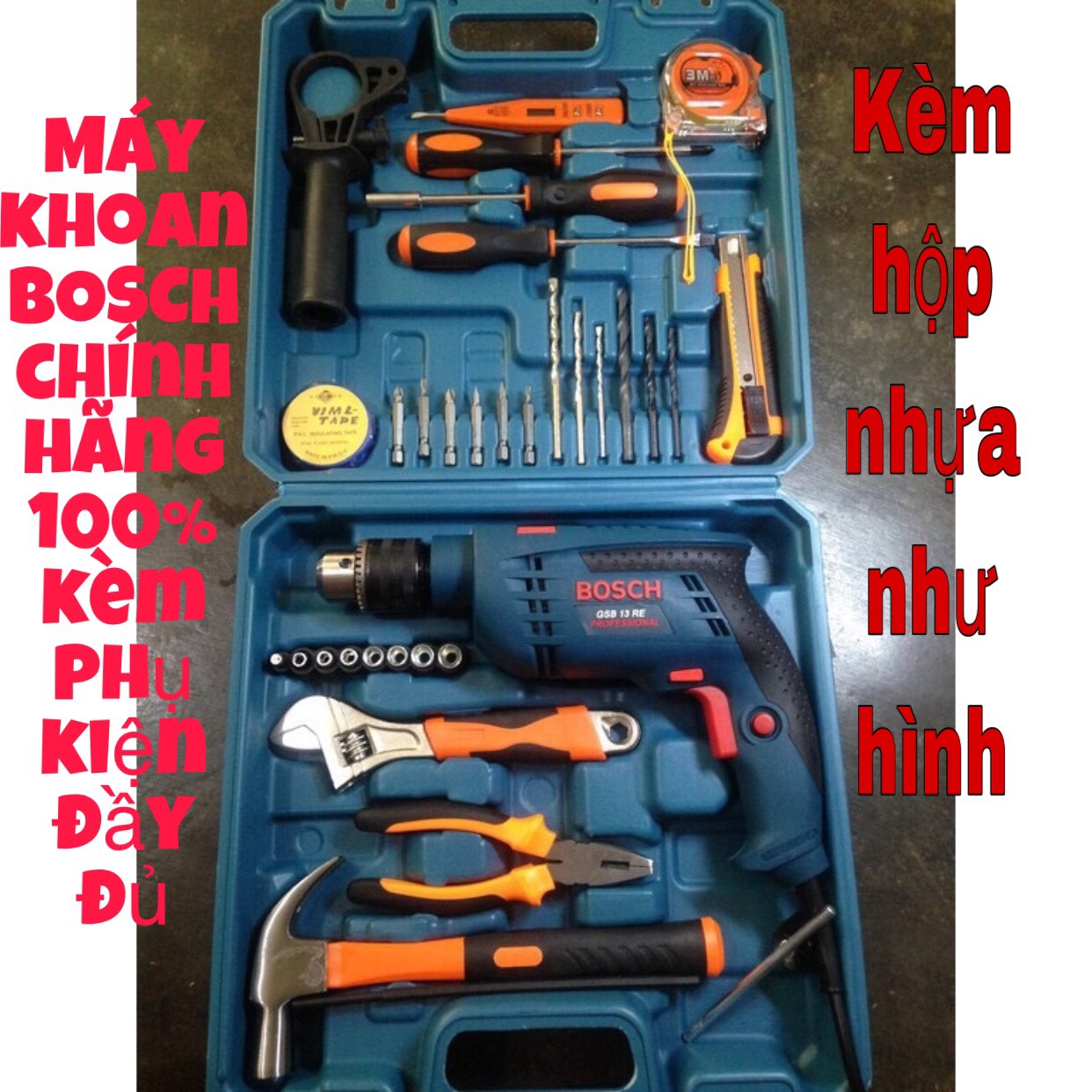 Máy khoan bosh đầu 13 công xuất 910w 13re động lực cầm tay SET 30 chi tiết phụ kiện đầy đủ dùng để khoan bê tông,khoan tường,khoan sắt,khoan gỗ, nhựa, vv.....